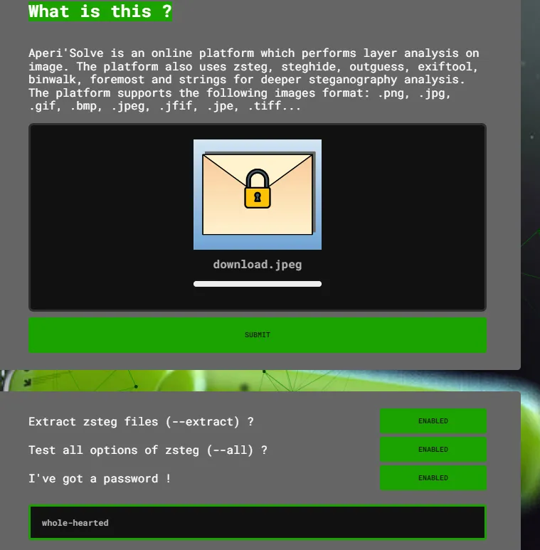 Aperi'Solve upload of the envelope image with the password whole-hearted