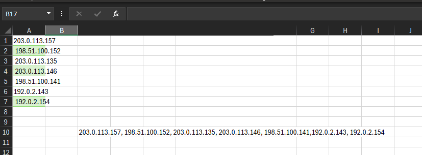 Deduplicated IP addresses combined into a comma-separated list