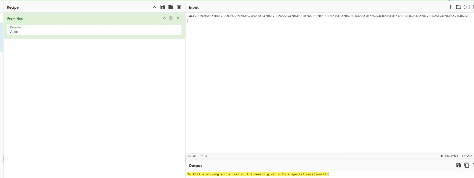 CyberChef From Hex decoding the message to plain text