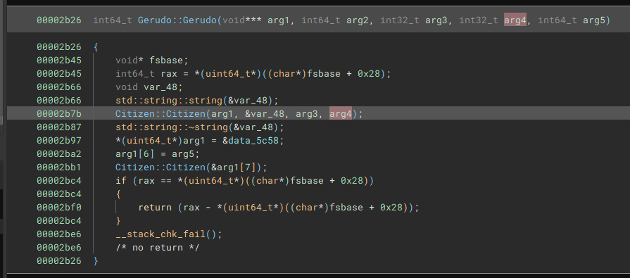Decompiled Gerudo::Gerudo constructor calling Citizen::Citizen with a string and two ints