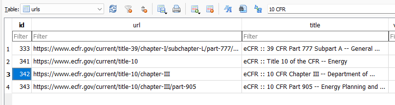 urls table filtered for 10 CFR showing eCFR pages