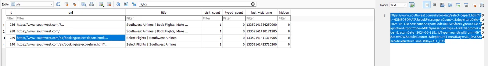 urls table filtered for flights showing Southwest booking URLs