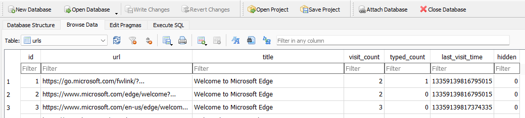 DB Browser for SQLite showing the urls table of the browser history database