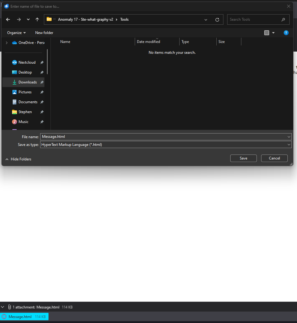 Saving the Message.html email attachment into the Tools folder