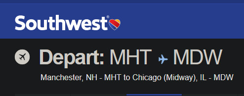 Southwest booking page: Depart MHT (Manchester, NH) to MDW (Chicago Midway, IL)