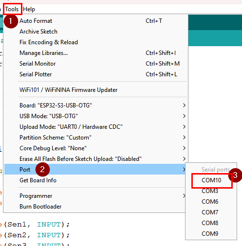 Arduino IDE Tools > Port menu listing the available serial ports