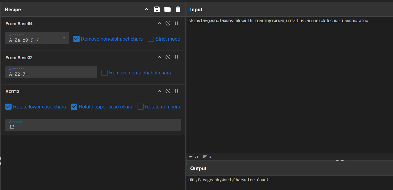 CyberChef From Base64, From Base32 and ROT13 recipe decoding the description to URL,Paragraph,Word,Character Count