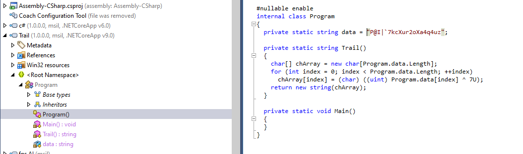 dotPeek showing the decompiled Trail program and its encoded data string