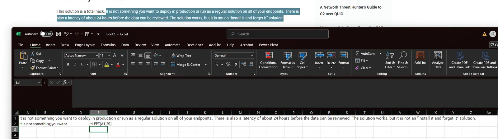 Excel LEFT formula pulling characters out of the referenced blog paragraph