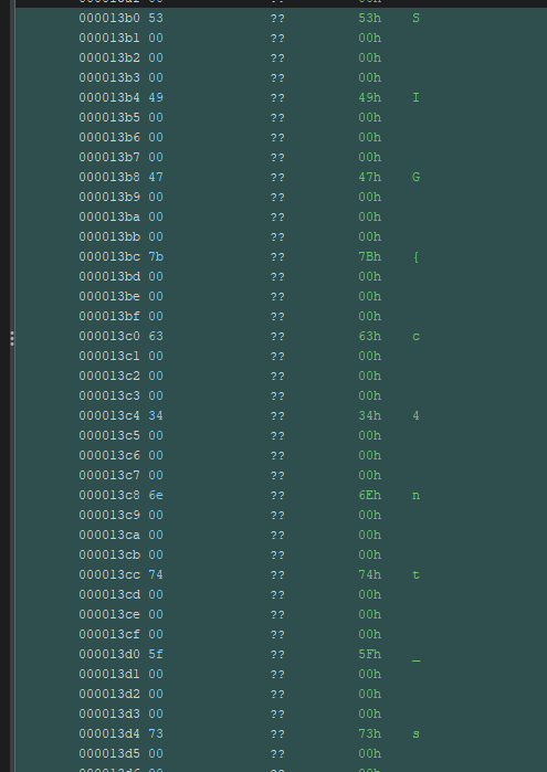 Ghidra listing with the Flag 1 string spread out one character every four bytes