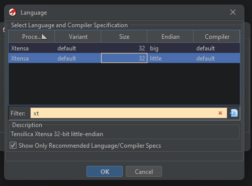 Ghidra language selection with Xtensa 32-bit little-endian selected