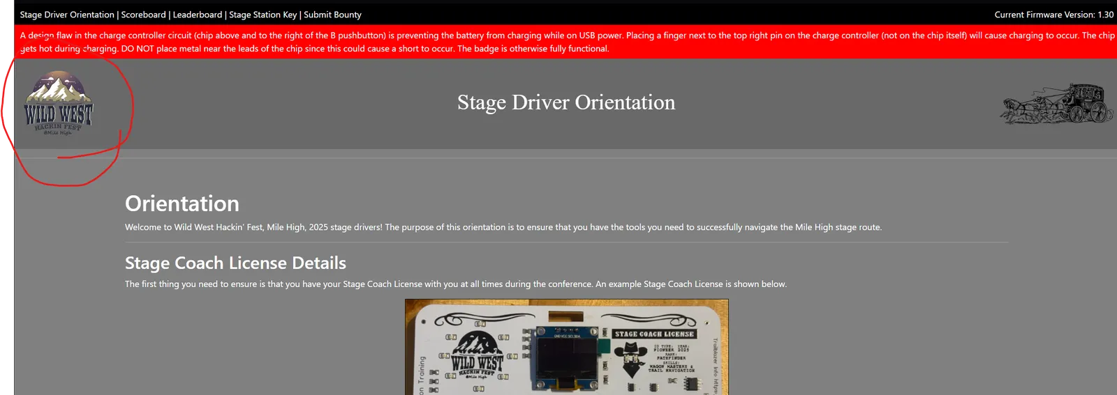 Mile High badge site Stage Driver Orientation page with the logo image circled