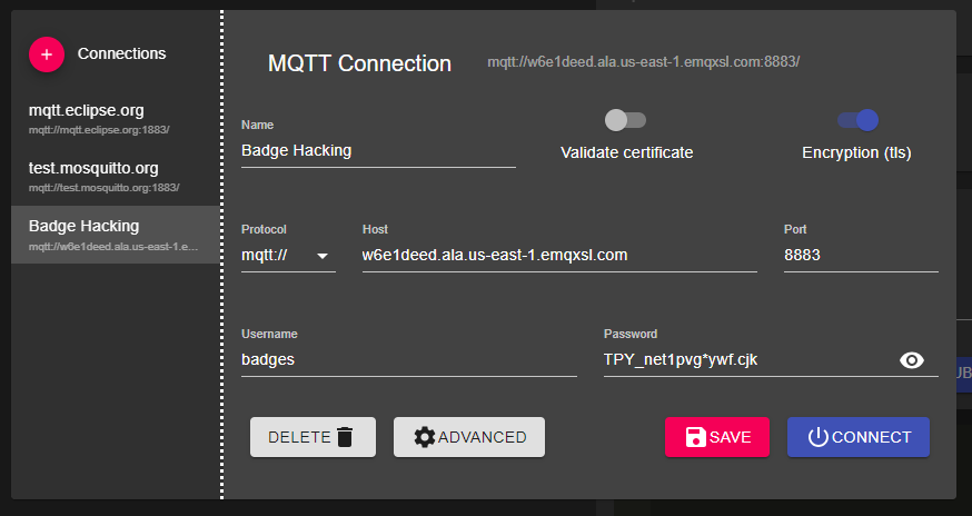 MQTT Explorer connection settings with encryption (TLS) on and certificate validation off