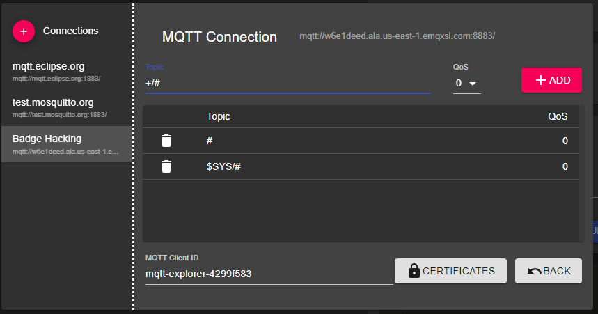 MQTT Explorer advanced settings adding a +/# topic subscription