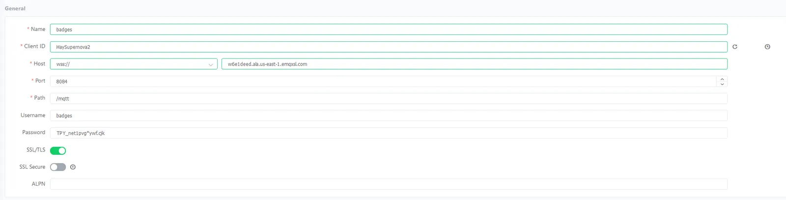 MQTTX web client connection settings using the WebSocket port 8084