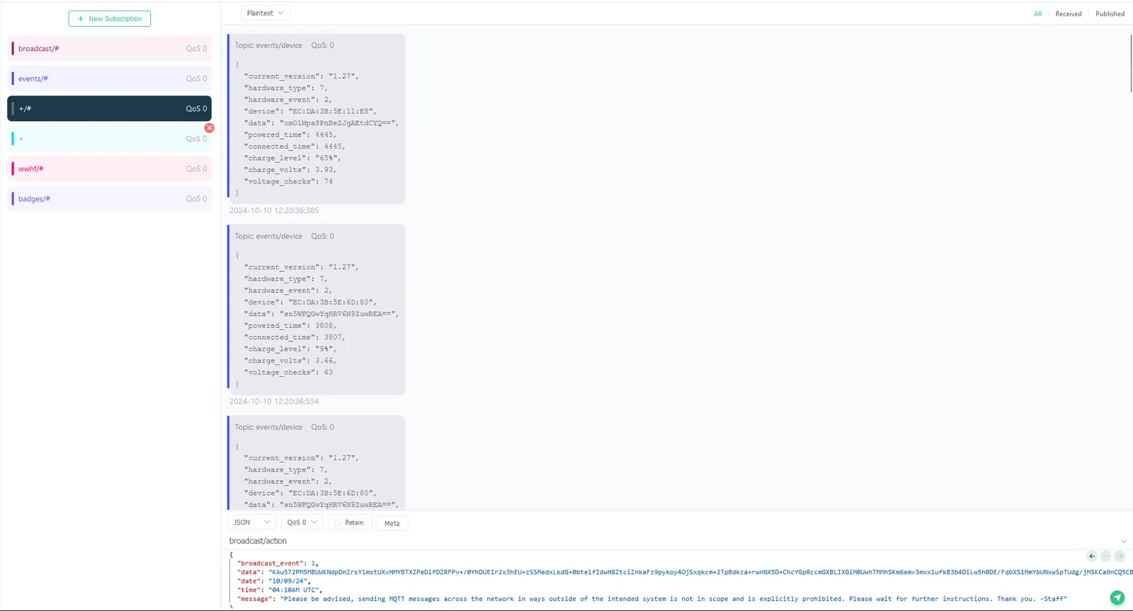 MQTTX web client subscribed to +/# and receiving badge messages