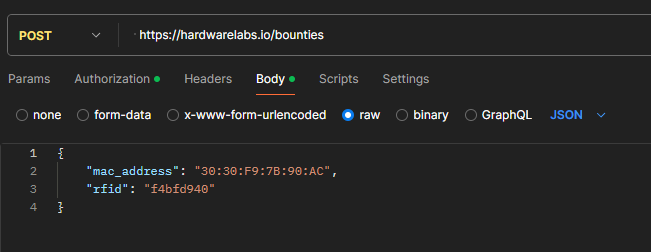 Postman POST request to hardwarelabs.io/bounties with a mac_address and rfid JSON body