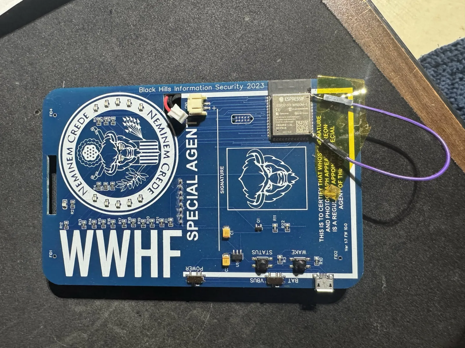 WWHF badge with a wire soldered across the reset pins