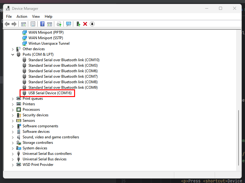 Device Manager showing the new USB Serial Device (COM16) under Ports (COM & LPT)