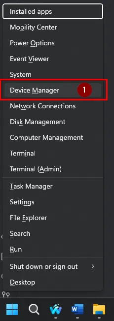 Windows Win+X menu with Device Manager highlighted